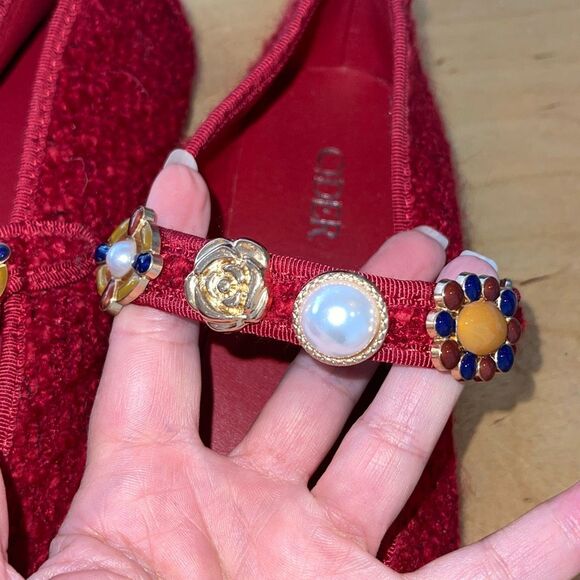 Cider FAUX PEARL & FLOWER DECOR TWEED MARY JANE FLATS Red Size 39 US 8.5 - Picture 4 of 6